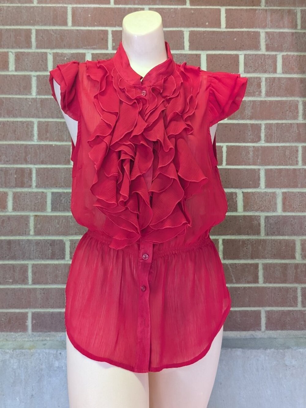 Y2K Miley Cyrus x Max Azria Sheer Red Ruffle Button Down Blouse Women's XL Work